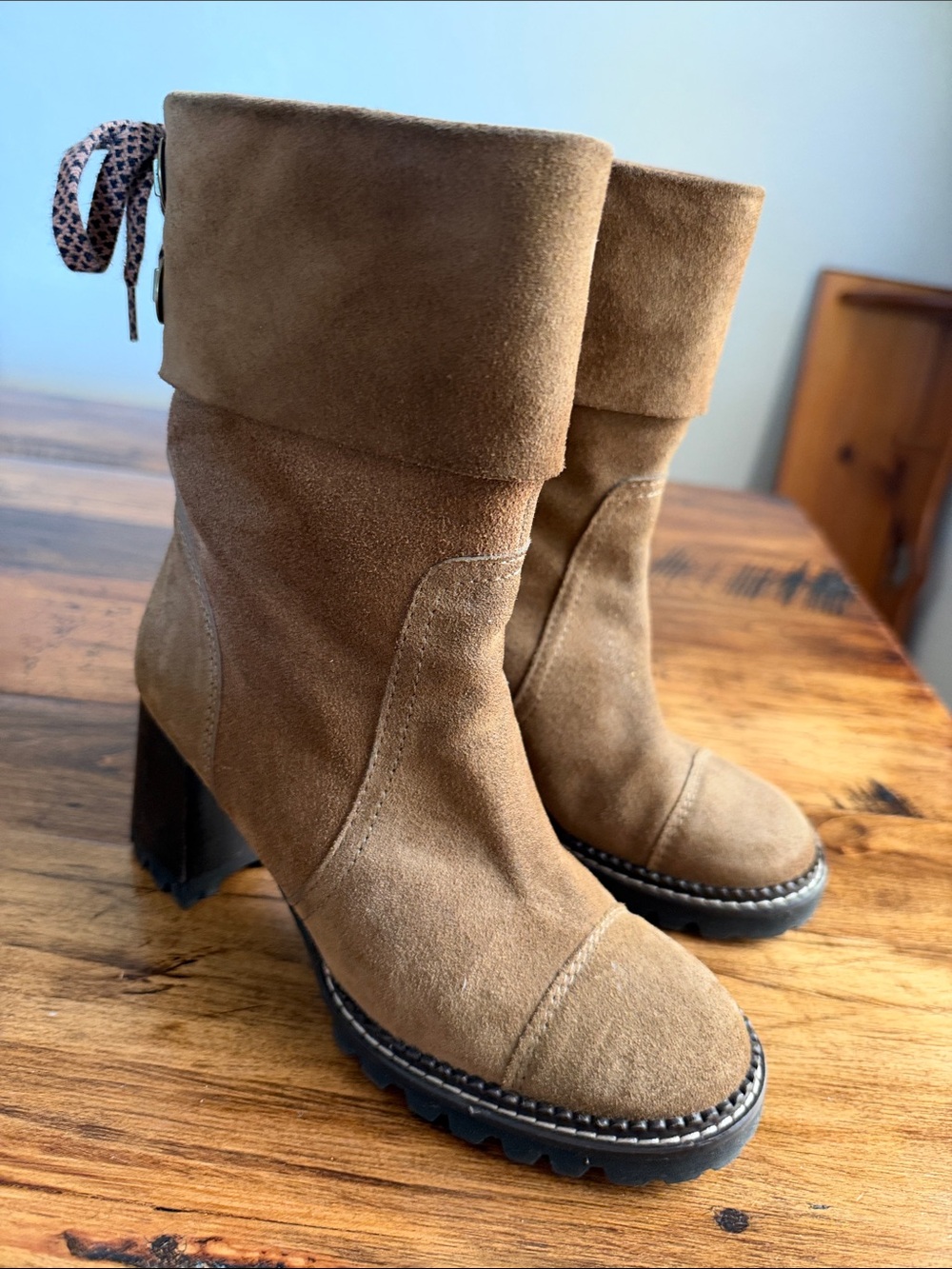 See By Chloe Brown Suede Fold-Over Heeled Ankle Boots 38